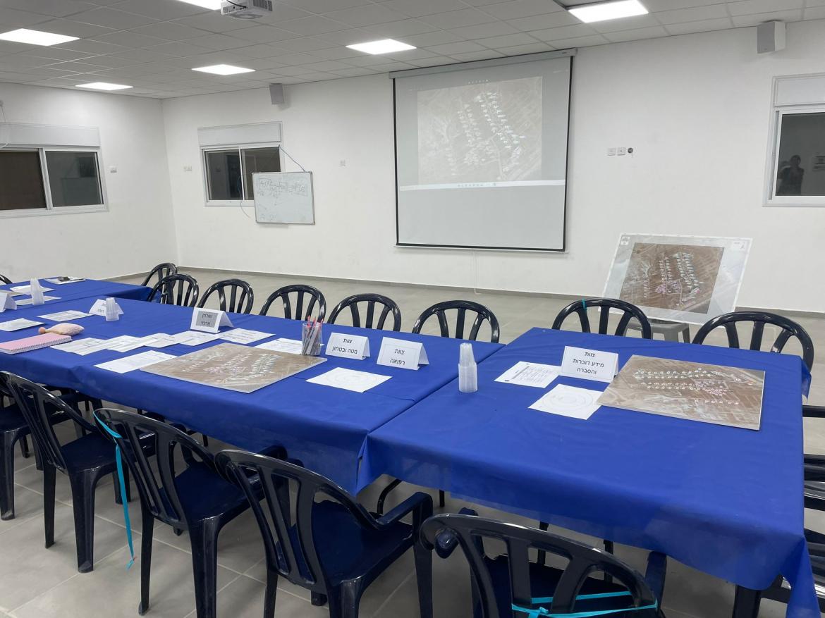 שולחן עם מפה כחולה וכסאות ושמות התפקידים בישוב יפית