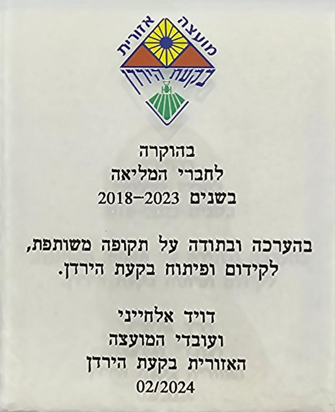 סמל המועצה וכיתוב בהוקרה לחברי המליאה בשנים 2018-2023, ראש מהועצה ועובדיה